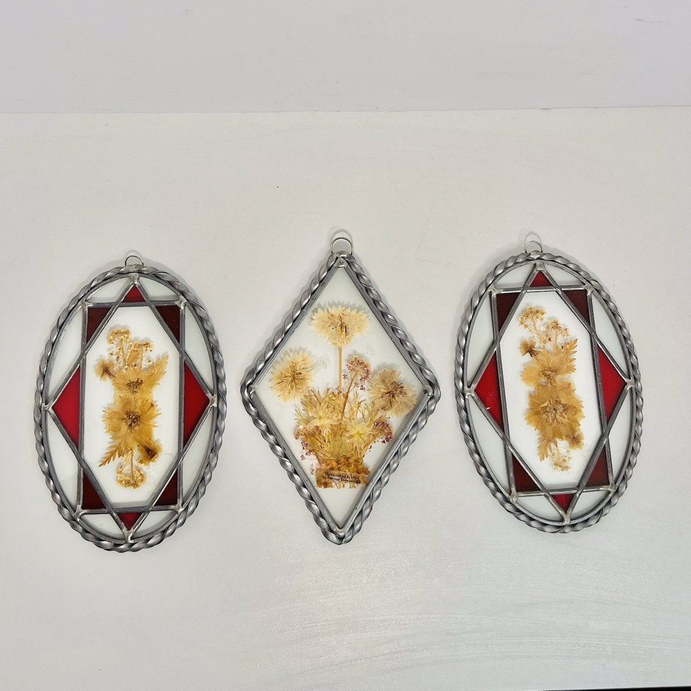 Vtg Lasting Impressions Glass Pressed Flowers Sun Catcher Lot of 3 Cottagecore